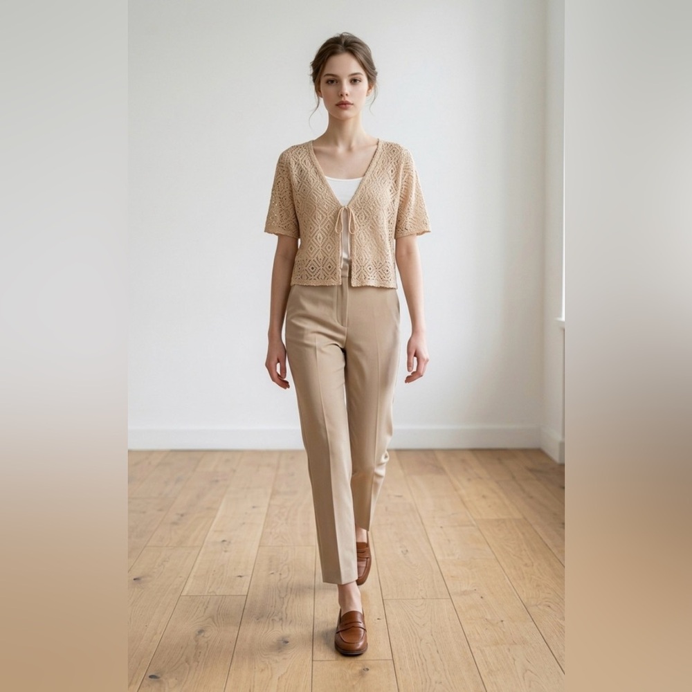 Crochet Tie-Front Short Cardigan in Beige - Picture 2 of 7